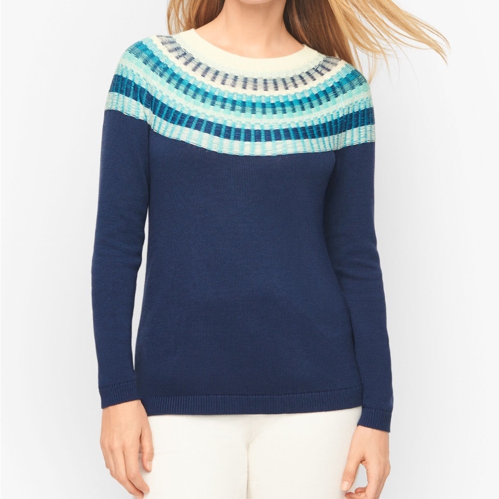 Talbots Rib Yoke Crewneck Sweater Blue SMALL